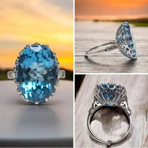 Genuine 16ct Blue Topaz Ring 925 Sterling Silver Rhodium Plated Size 7.75 - Picture 3 of 7